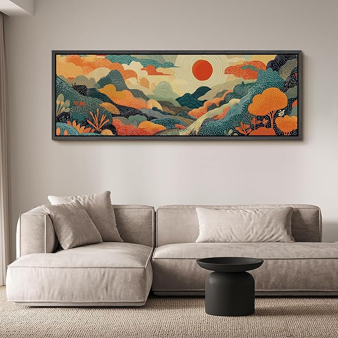 SIGNFORD Large Framed Canvas Whimsical Sunlit Hills Illustrations Modern Art Calm Warm for Living Room, Bedroom, Office - 60"x20"