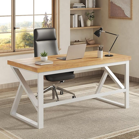 IBF 47”Solid Real Wood Desk, Minimalist Natural Wood Computer Desk, Rustic Desk for Home Office Writing Study, Vintage Industrial Wooden PC Gaming Workstation Computer Table, Natrual Oak