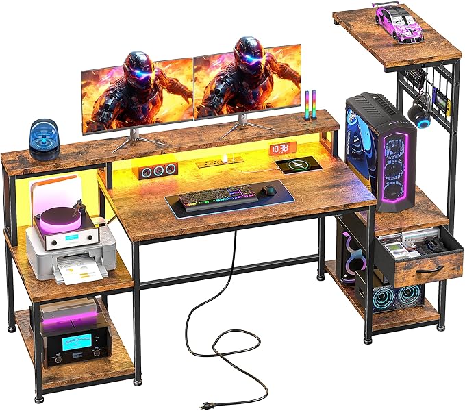 55" Gaming Desk with LED Lights & Outlets,Computer Desk with Drawers & Monitor Stand,Gaming Table with Storage Shelves & Printer Space for Game Room,Study Room,Home Office,Rustic Brown