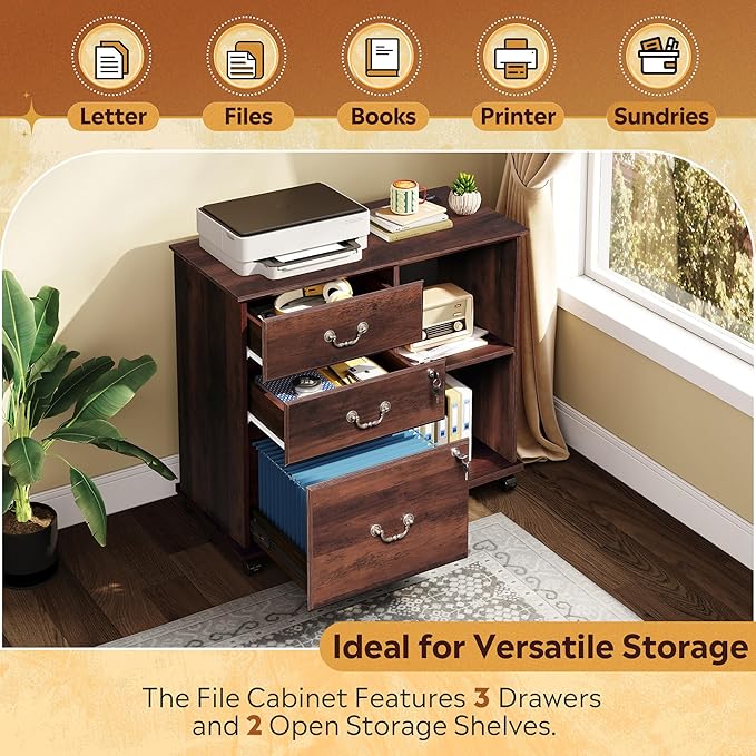 DEVAISE 3 Drawer File Cabinet with Charging Station, Wood Lateral Filing Cabinet with Lock, Rolling Printer Stand with Storage for Home Office, Brown Oak