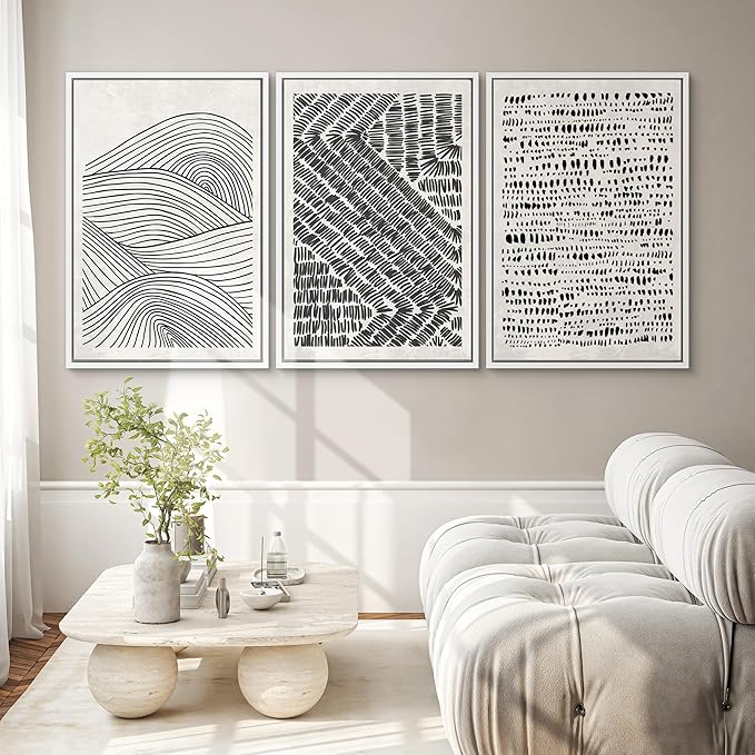 SIGNWIN Framed Canvas Print Wall Art Set Black Pastel Geometric Landscape Abstract Shapes Cozy Neutral Modern Art Decorative Boho Relax/Zen Nordic for Living Room, Bedroom, Office - 16"x24"x3 White