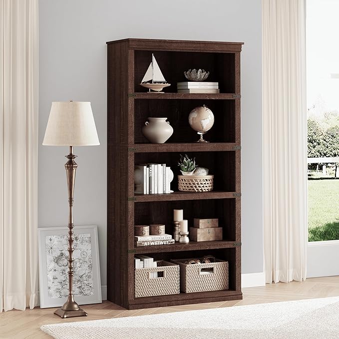 5 Tier Farmhouse Bookcase, 67.4" Tall Book Shelf with Storage, Wooden Bookshelves 5 Shelf Display Shelves for Home Office(67.4" H x 31.5" W x 12.8" D) (Reddish Brown, 67.4" H x 31.5" W x 12.8" D)