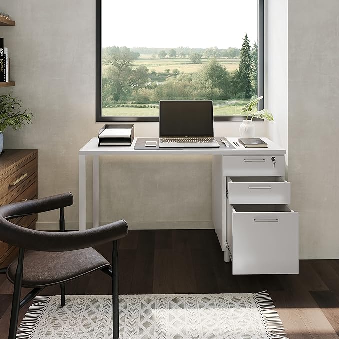 Modern Design Milano Office Desk with 3 Locking Drawers, 48 Inch White Industrial Wood Desk with Filing Drawer and Storage, by Crafts and Comfort