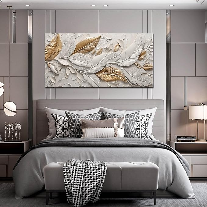 Feather Canvas Wall Art for Bedroom - White and Gold Pictures for Living Room - Modern Art Wall Decor for Office Size 29" x 59"