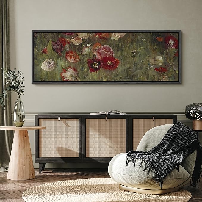 SIGNFORD Large Framed Canvas Vintage Red and White Poppy Field Illustrations Modern Art Calm Warm for Living Room, Bedroom, Office - 60"x20"