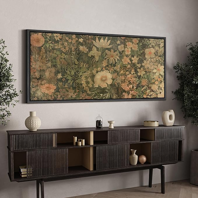 SIGNFORD Extra Large Framed Canvas Botanical Garden in Muted Earth Tones Vintage Floral Illustrations Modern Art Calm Warm for Living Room, Bedroom, Office - 60"x30"