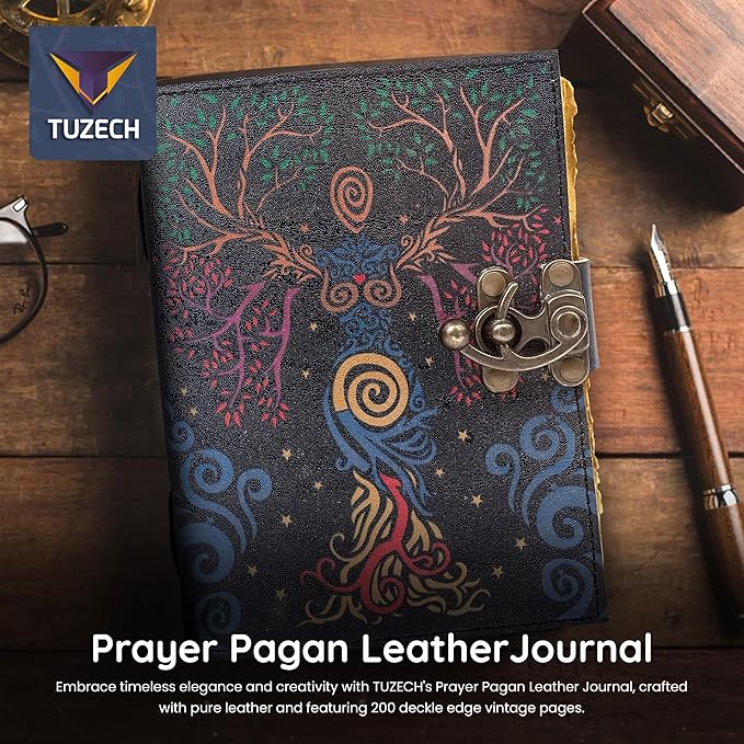 TUZECH Book of Spells Leather Bound Journal Deckle Edge Paper Grimoire Printed Diary Third Eye witchcraft supply and Witch Spell Notebook Antique Vintage Book for Men and Women (Blue Lady)