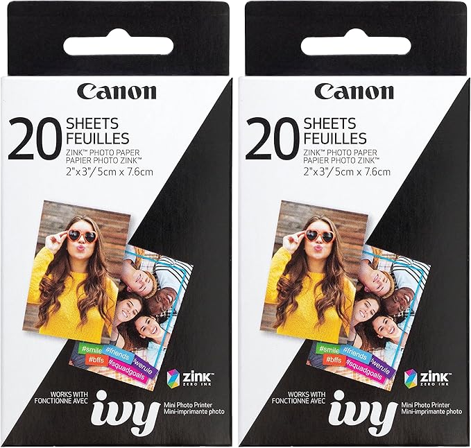 Canon Photo Paper, 2" x 3", 20 Sheets | ZINK Technology | Sticker Paper | Pack of 2