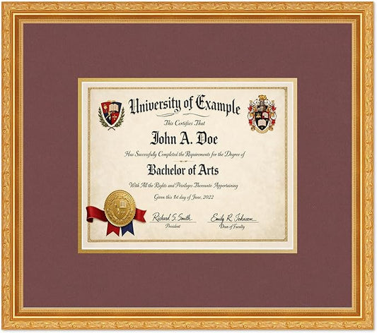 CountryArtHouse Diploma Frame Fits 10 x 8 Professional License - Keepsake Graduation Display Museum Gold Genuine Hardwood with Dark Red Over Metallic Gold Double mat