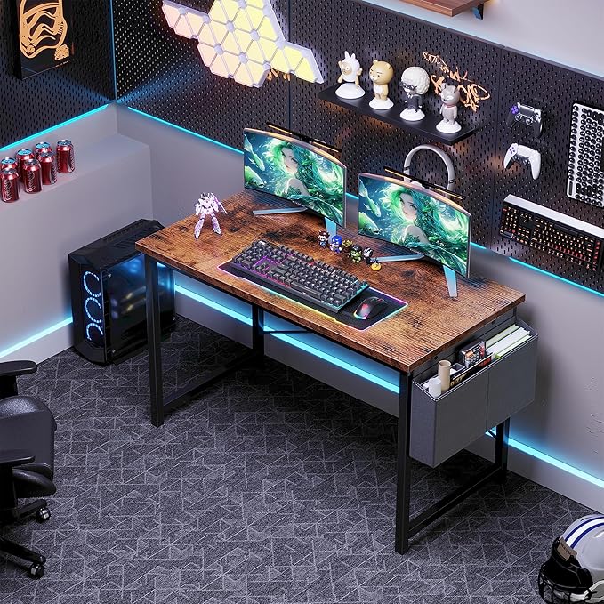 OLIXIS Computer Desk 47 Inch Home Office Desks for Small Spaces, Gaming Writing Study Work Table with Storage Bag for Bedroom, Rustic Brown