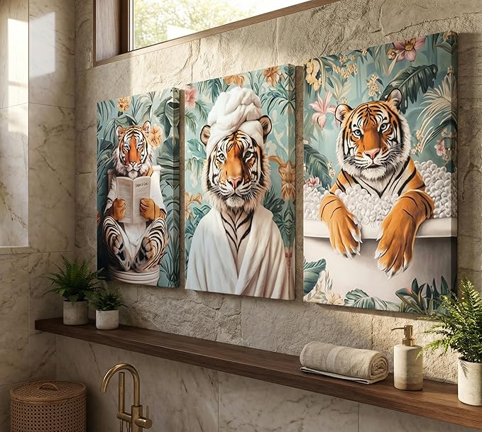 3pcs Funny Bathroom Tiger Canvas Wall Art Boho Tropical Botanical Tiger Reading Newspaper On Toilet Wall Decor Pictures Animal Humor In Bathtub Posters Prints for Bathroom Decoration Ready To Hang