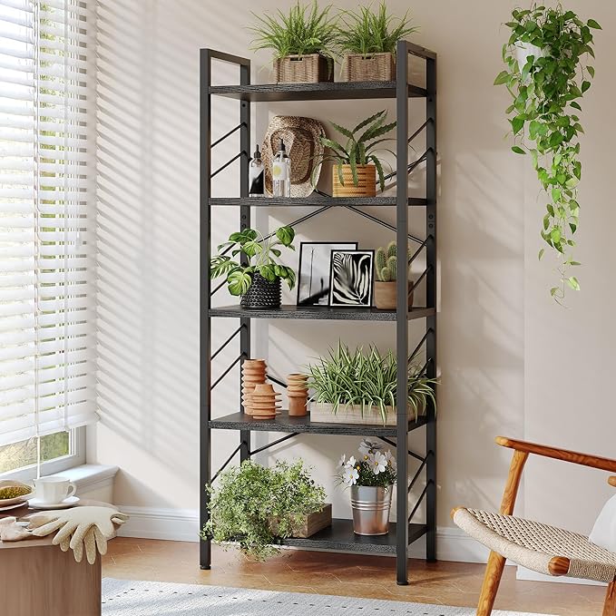 5 Tier Bookshelf, Industrial Tall Bookcase, Modern Display Book Shelf with Metal Frame and Sidebars for Bedroom, Living Room and Home Office, Black