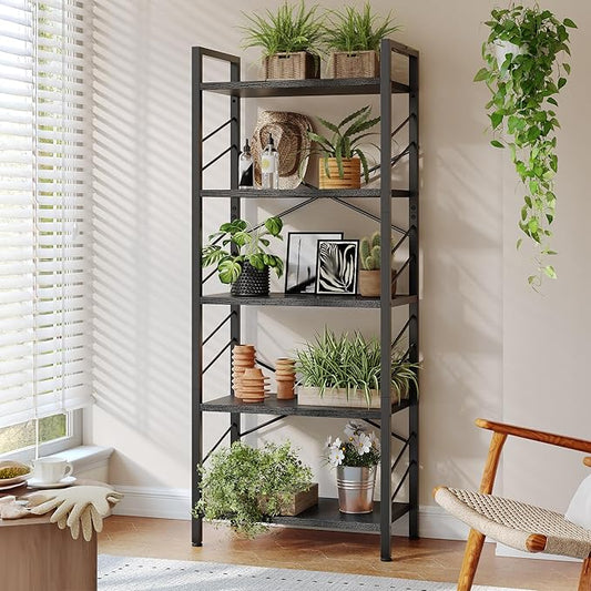 5 Tier Bookshelf, Industrial Tall Bookcase, Modern Display Book Shelf with Metal Frame and Sidebars for Bedroom, Living Room and Home Office, Black