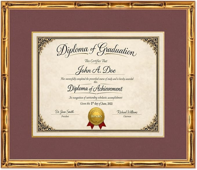 Diploma Frame Gold Bamboo with Dark Red Over Gold Double Mat - Fits 15 x 12 Military/Government Wall Display Made in the USA