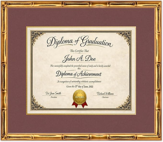 Diploma Frame Gold Bamboo with Dark Red Over Gold Double Mat - Fits 15 x 12 Military/Government Wall Display Made in the USA