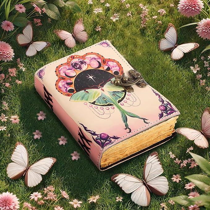 TUZECH Book of Spells Leather Bound Journal Deckle Edge Paper Grimoire Printed Diary Third Eye witchcraft supply and Witch Spell Notebook Antique Vintage Book for Men and Women (Pink Luna Moth)