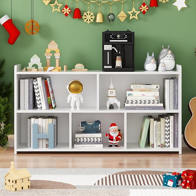 Book Shelf, 5 Cubes Storage Organizer, Open Shelf Wooden Bookcase, Freestanding White Bookshelf Cube Shelf for Bedroom, Living Room, Home Office