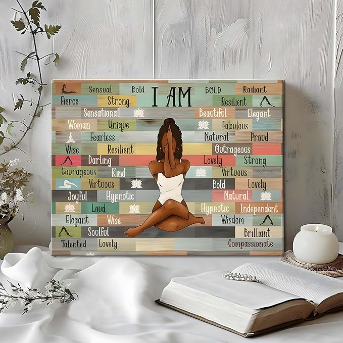Framed Inspirational Wall Art Motivational Canvas Print for Home and Office Decor Black Women picture Yoga Meditation Poster Positive Affirmation Artwork Modern Colorful Wall Decoration for Living Room, Bedroom, or GYM12x16in