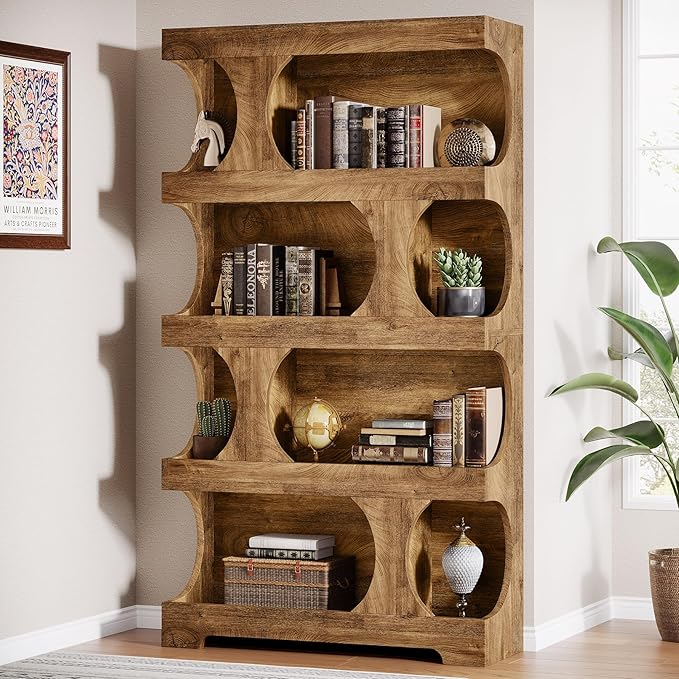 Tribesigns 71" Tall Bookcase, Modern Asymmetrical Bookshelf, 4-Tier Freestanding Display Shelf with Classic Shape, Large Library Book Shelf for Living Room, Home Office, Brown