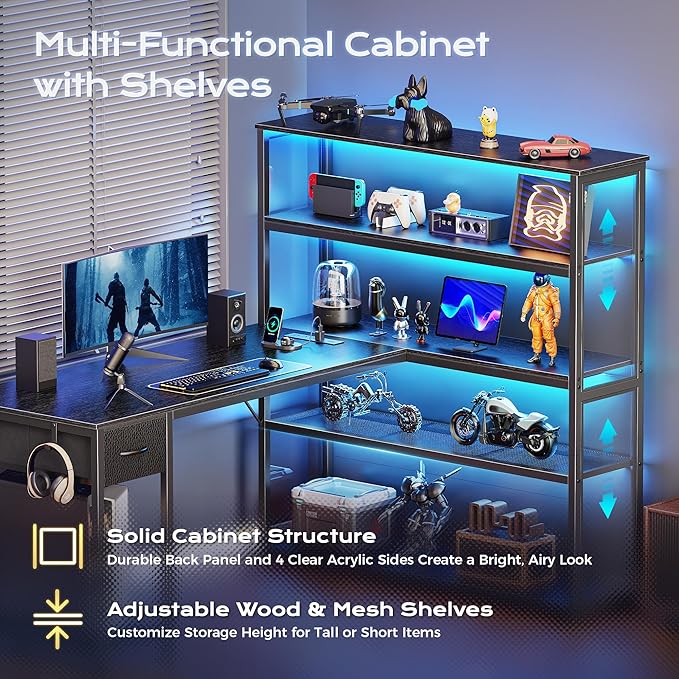 PRAISUN 57 Inch L Shaped Gaming Computer Desk with Larger Open Cabinet, Reverisble Office Desk with Power Outlets, LED Lights, Work Desk, Fabric Drawer, Adjustable Wood and Mesh Shelf, Black