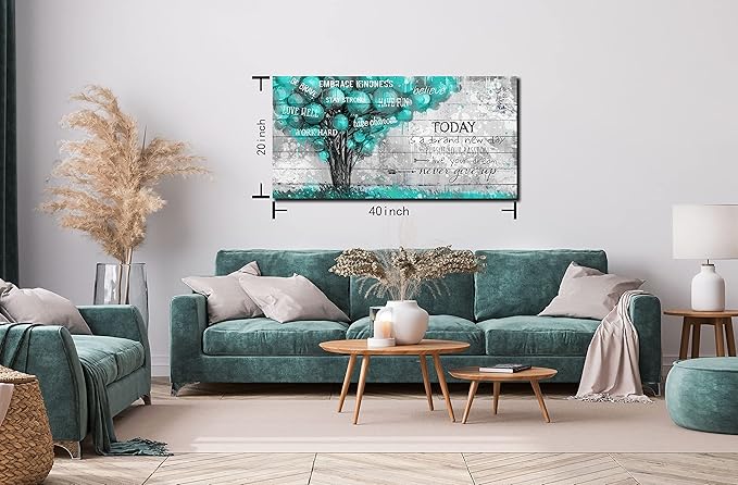 Teal Wall-Decor For Office - Inspirational Quotes Tree Wall Art - Large Canvas Wall Art Teal Decor For Living Room Ready To Hang Size 20" x 40"