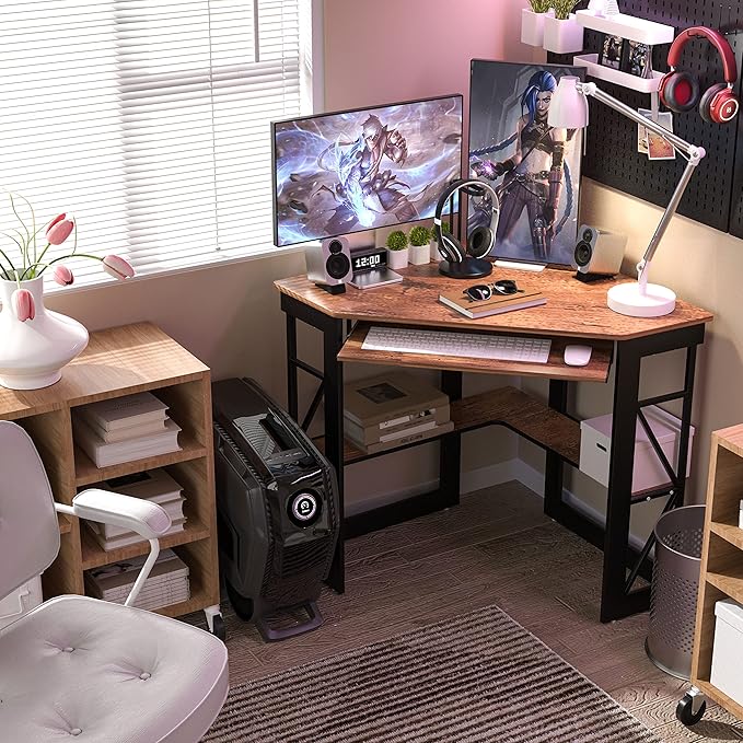 VECELO Corner Computer Desk 41 x 30 inches with Smooth Keyboard & Storage Shelves for Home Office Workstation, Antique Brown