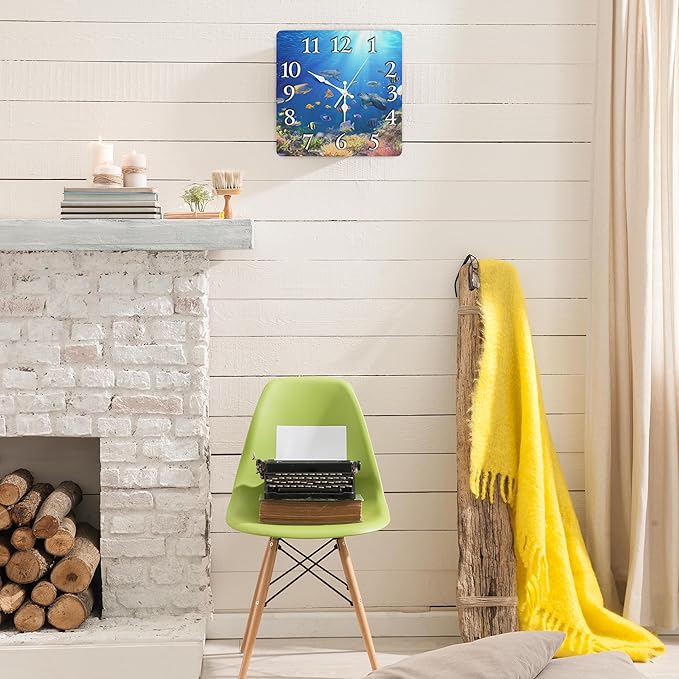 Britimes Wall Clock, Square Silent Non-Ticking Battery Operated Clock 12 Inch, Underwater Coral Reef Tropical Fish Home Decor for Living Room, Bathroom, Bedroom, Kitchen, Office and School