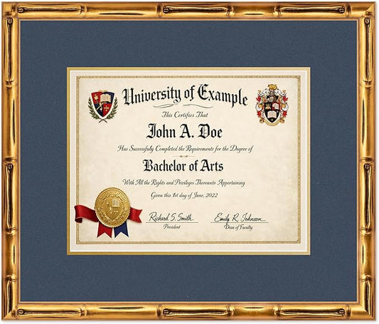 CountryArtHouse Diploma Frame Fits 13 x 10 College Diploma (Traditional) - Keepsake Graduation Display Gold Bamboo Genuine Hardwood with Navy Blue Over Metallic Gold Double mat