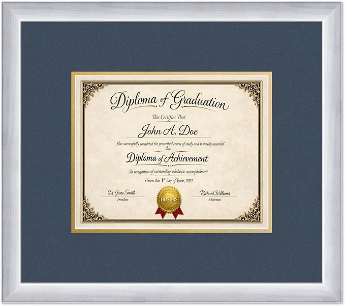 Diploma Frame Stainless Silver with Navy Blue Over Gold Double Mat - Fits 10 x 8 Professional License Wall Display Made in the USA