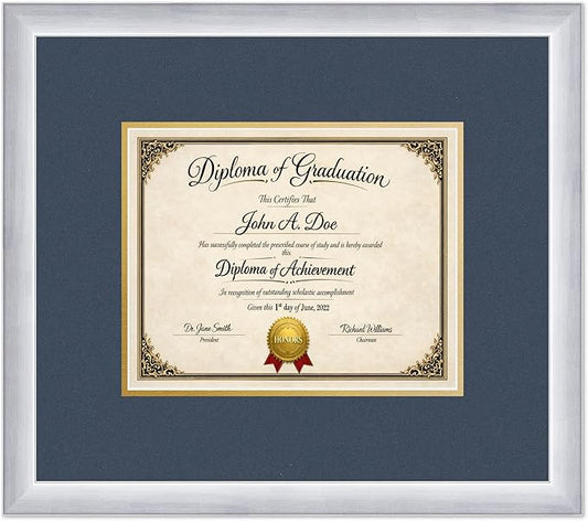 Diploma Frame Stainless Silver with Navy Blue Over Gold Double Mat - Fits 10 x 8 Professional License Wall Display Made in the USA