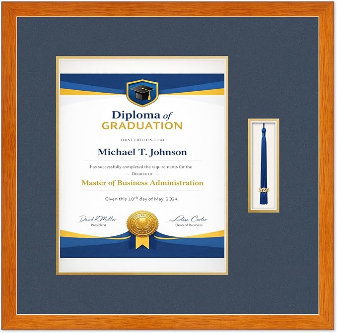 Diploma Frame with Tassel Holder Honey Oak Shadowbox Navy Blue Over Gold Mat - Fits 11 x 14 Degree Made in the USA