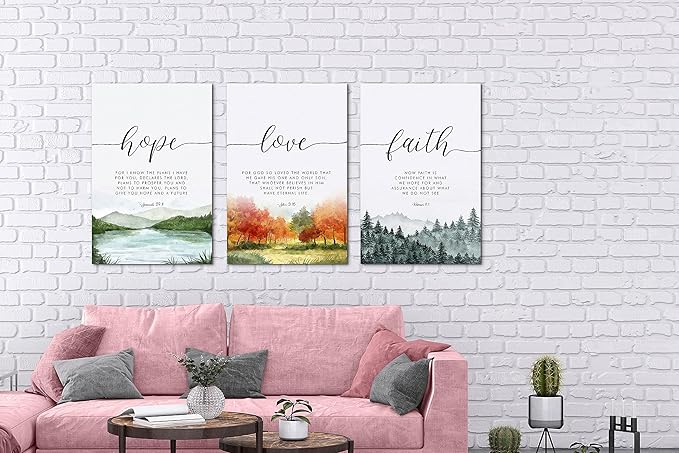 SHMAO Bible Canvas Wall Art Motivational Wall Decor, 3 Piece Hope Love Laith Print Pictures for Office Wall Decor Women Inspirational Framed Artwork Home Office Decor 16”x24”x3 Panels