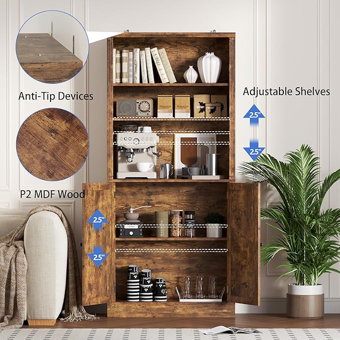 70.1" Tall Bookshelf with Cabinet, 5-Tier Floor Standing Bookcase with Doors & Adjustable Shelves, 31.5" Wide Storage Shelf, Metal Handles, Modern Organizer for Home Office, Living Room