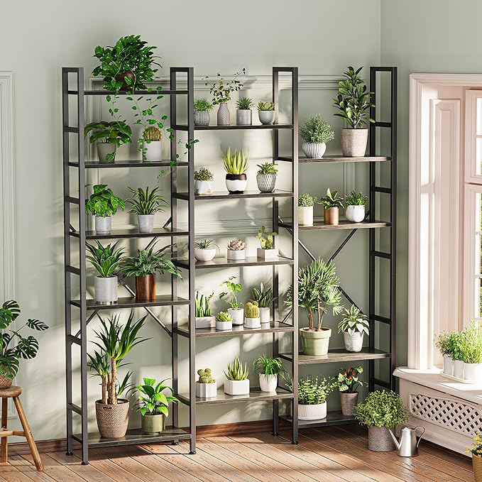 SUPERJARE Triple Bookshelf, Bookcase with 17 Open Display Shelves, Wide Book Shelf Book Case for Home & Office, 6 Tier, Grey