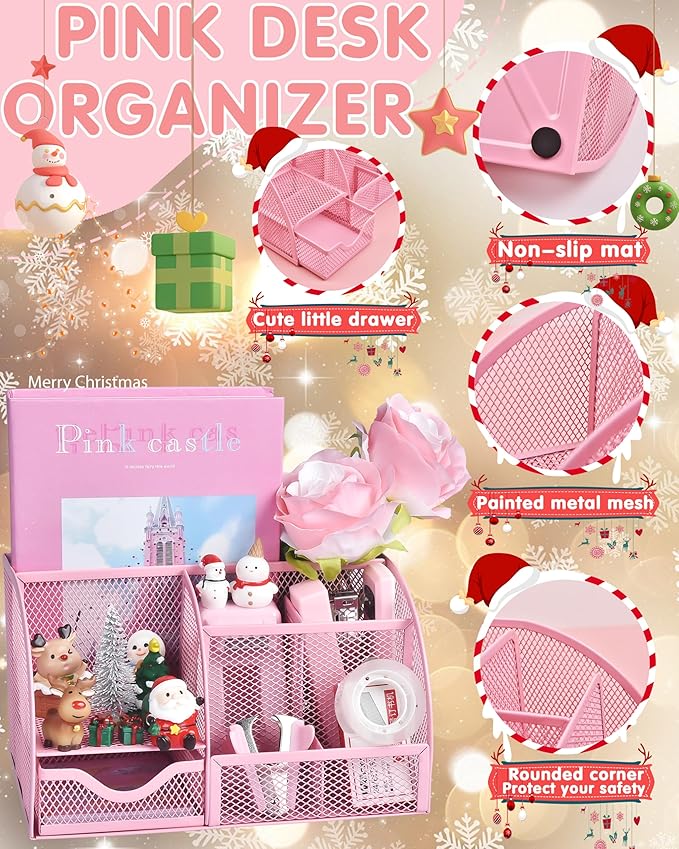 Pink Desk Accessories, 24Pcs Pink Office Supplies and Desk Organizers, with Tape Dispenser, Stapler, Staple Remover, Ect, Gift Box Packaging