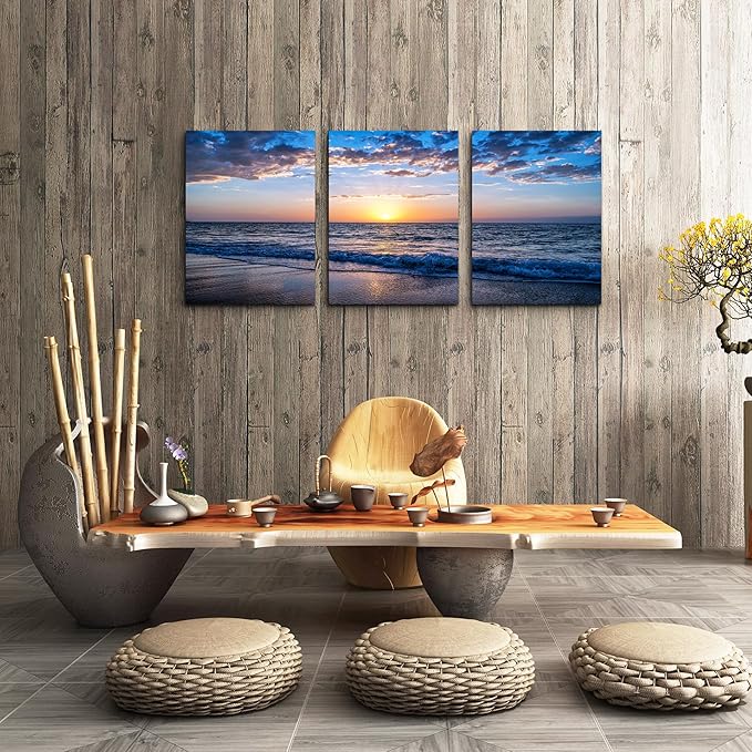 hyidecorart Set of 3 Wall Art Canvas Prints, Beach Sunrise Sunset Pictures Wall Decor Ocean Waves Nature Seascape Poster Coastal Landscape Painting for Living Room, Bedroom, Office Home Decor