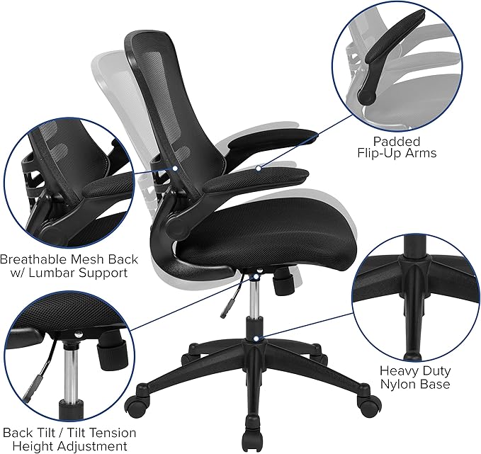 Flash Furniture Kelista Mid-Back Black Mesh Swivel Ergonomic Task Office Chair with Flip-Up Arms - Set of 5
