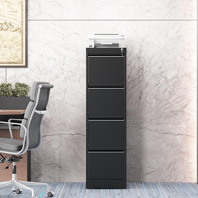 4 Drawer File Cabinet with Lock, File Cabinet, Steel Vertical Filing Cabinets for Home Office, Heavy Duty File Storage Cabinet for Legal/Letter/A4 Documents, Easy to Assemble, Black