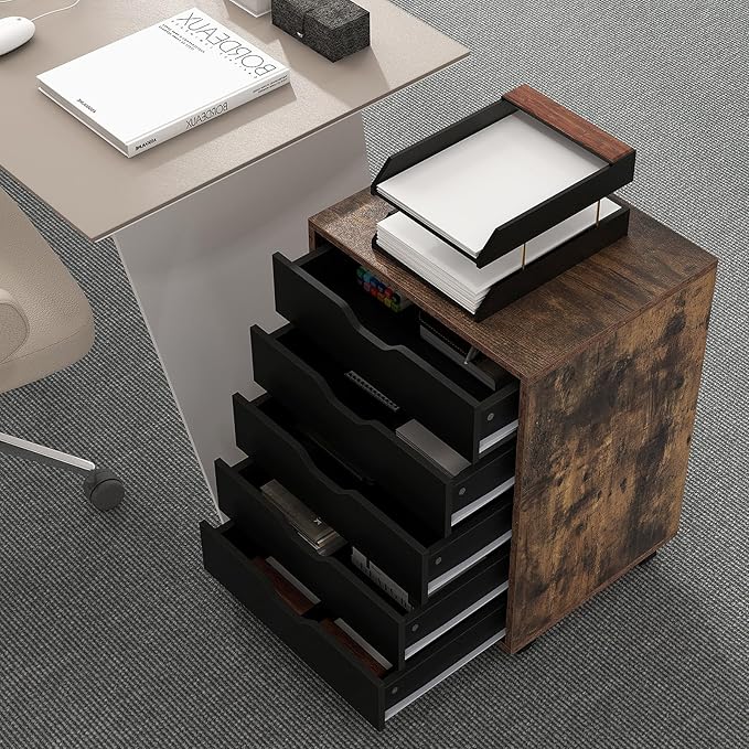 5 Drawers File Cabinet, Vertical Filing for Home Office, Mobile Under Desk Storage With Wheels, Modern Chest of Drawers for Bedroom (Rustic Brown)