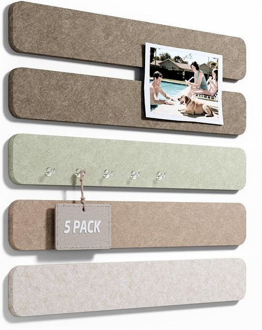 Fluxynara Cork Board Alternative Felt Strip Board 5-Pack 13"x2", Office Pin Board with 35 Push Pins, Adhesive Install for Bedroom Door & Home Office(Linen Dusk)