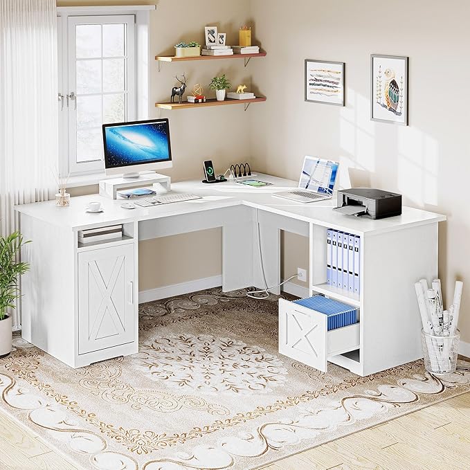 DWVO L Shaped Desk with File Drawer, 60" Corner Computer Desk with Power Outlets, Home Office Desk with Monitor Stand & Storage Shelves & File Cabinet, White