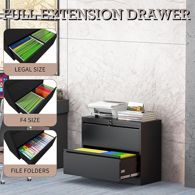 2 Drawer File Cabinet, Lateral File Cabinet with Lock, Metal Lateral Filing Cabinets for Home Office, File Storage Cabinet for Legal/Letter/A4 Documents, Assembly Required (Black, 35'W)