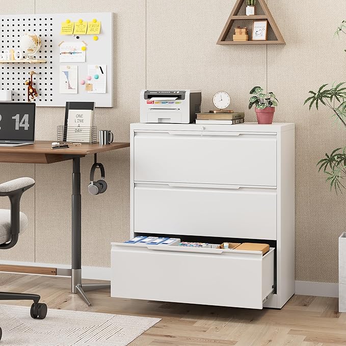 3 Drawer Lateral File Cabinet with Lock, Heavy-Duty Metal Filing Cabinet for Home Office, Steel Storage Compatible with Hanging Files Letter/Legal/F4/A4 Sizes (3 Drawer, White)