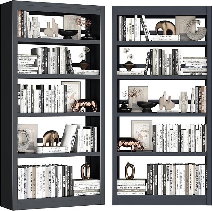 Black Bookshelf，6-Tier Bookcase with Adjustable Storage Shelves，Metal Bookshelf with Book Stopper for Living Room, Home Office, Library