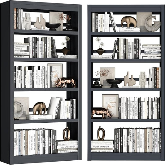 Black Bookshelf，6-Tier Bookcase with Adjustable Storage Shelves，Metal Bookshelf with Book Stopper for Living Room, Home Office, Library