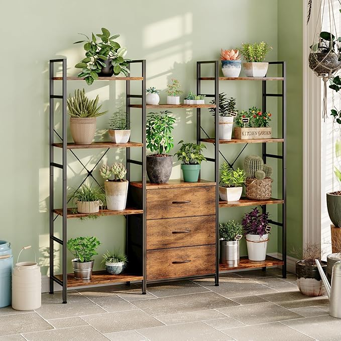 Triple Bookshelf with 3 Fabric Drawers, 4-Tier Book Shelf and 10 Display Shelves, Industrial Large Bookcase for Home & Office, Rustic Brown, 59'' Wide