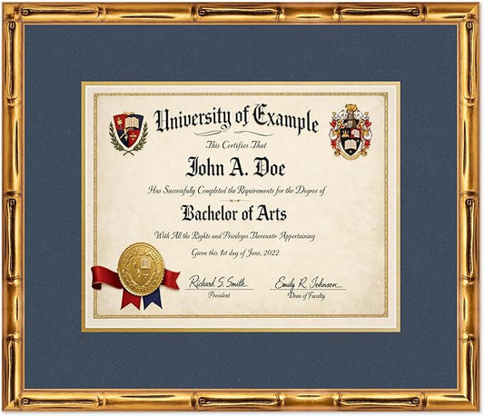 CountryArtHouse Diploma Frame Fits 14 x 11 College Diploma (Modern) - Keepsake Graduation Display Gold Bamboo Genuine Hardwood with Navy Blue Over Metallic Gold Double mat