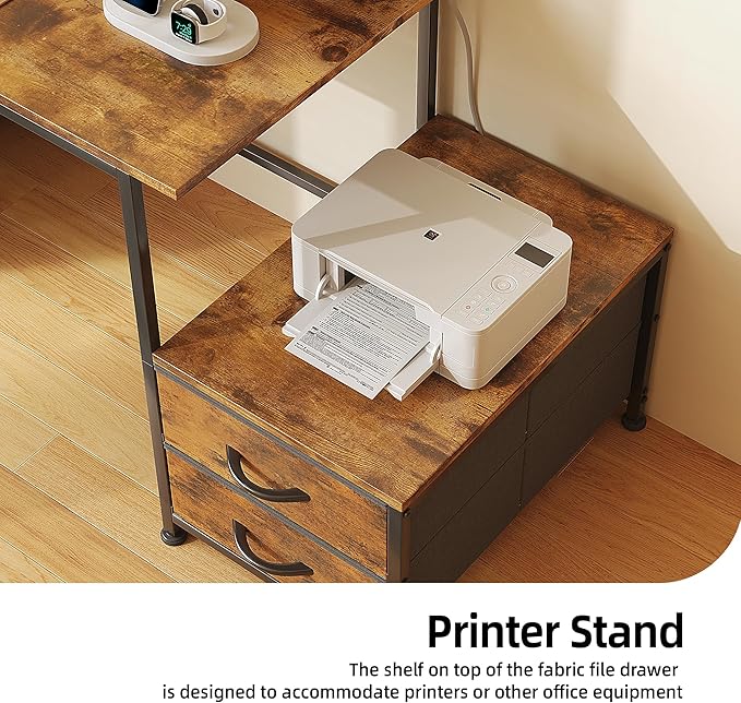 Flrrtenv 52 Inch Office Desk with 6 Drawers and Printer Space for Storage, Reversible Computer Desk with Monitor Stand & Power Outlets, Home Office Desks, Vintage