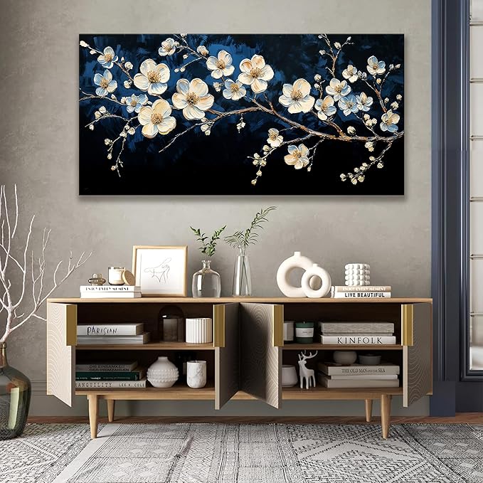 Suconvng White Flower Wall Art Canvas Wall Art Decor Set Home Wall Decor Modern Black Wall Decoration Painting Neutral Botanical Art Print Picture Living Room Bedroom Office Artwork 24" X 48"