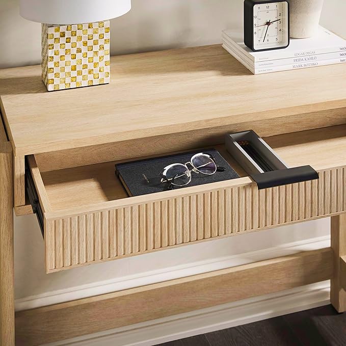 Walker Edison Transitional Office Design, Reeded Drawer Front Detail, Writing Desk with Drawer, Spacious Desktop, Complementary in Living Spaces, 38 Inch, Coastal Oak